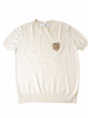 Christian Dior Cashmere Short Sleeve Sweater Beige Jeweled Crest Patch Raf Simon